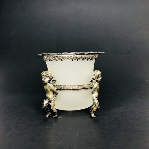VTG Ormolu Ornate Cherubs Holding Opaline Bowl Small Flower Vase Candle Holder - Picture 4 of 12
